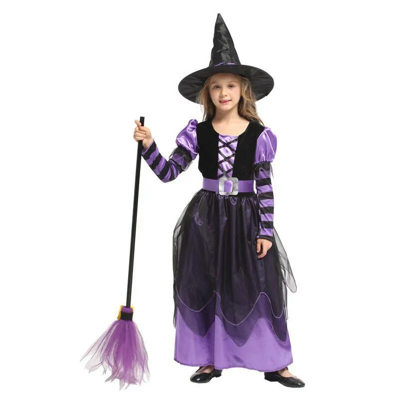 Halloween Witch Costume Girls' long sleeved princess dress carnival stage performance costume, witch princess costume hat