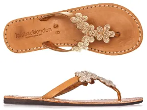 Silver Beaded Floral Mid Brown Flat Sandals