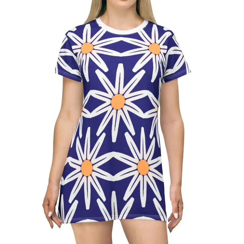 Vibrant White Flowers on Blue t Shirt Dress